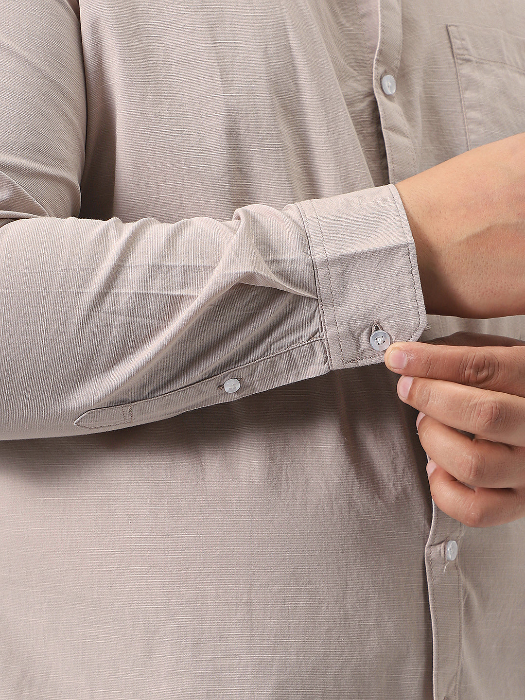 Plus Men's Brown Cotton Full Sleeve Regular Fit Casual Solid Slub Shirt with Spread Collar