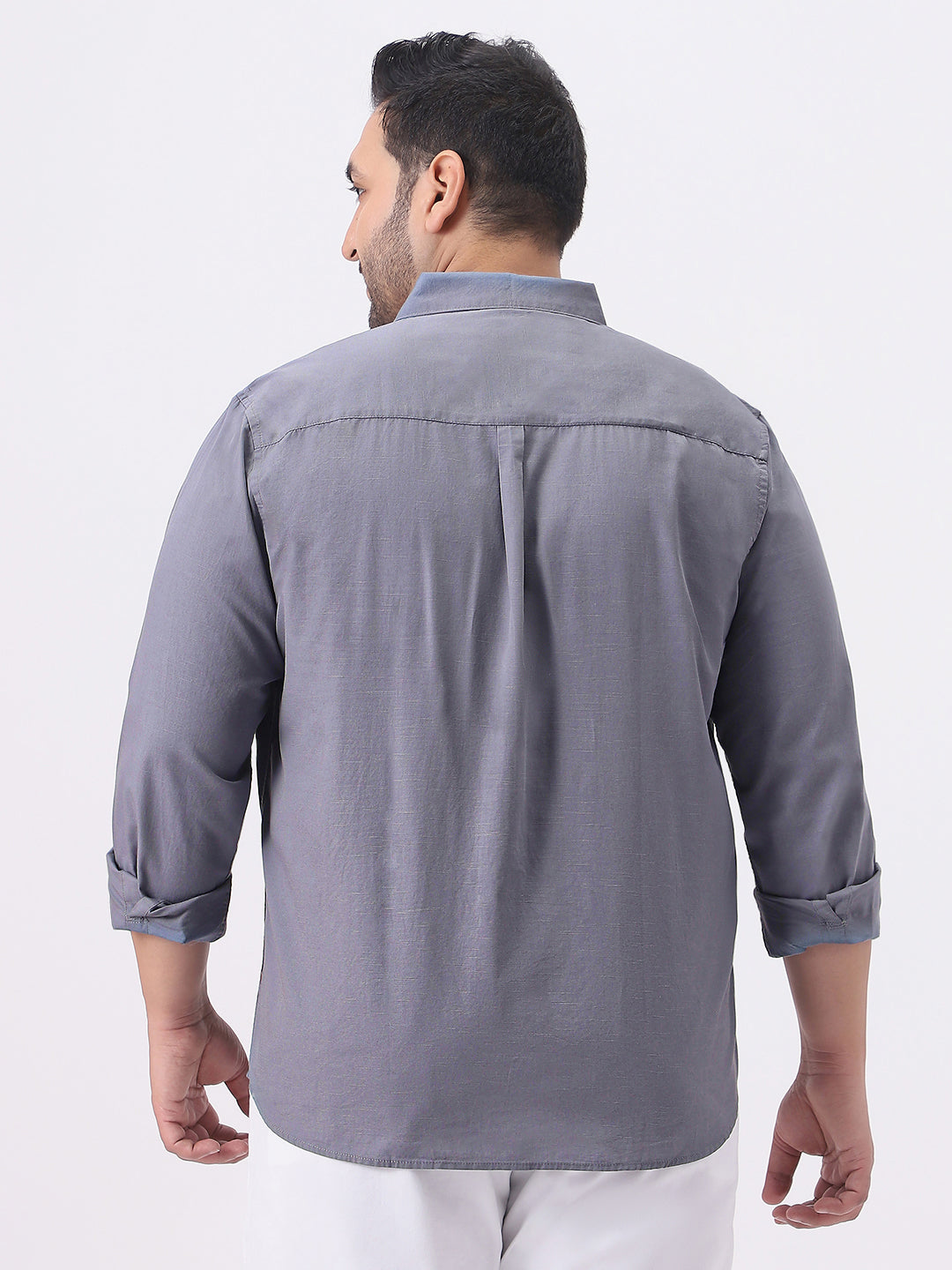 Plus Men's Grey Cotton Full Sleeve Regular Fit Casual Solid Slub Shirt with Spread Collar