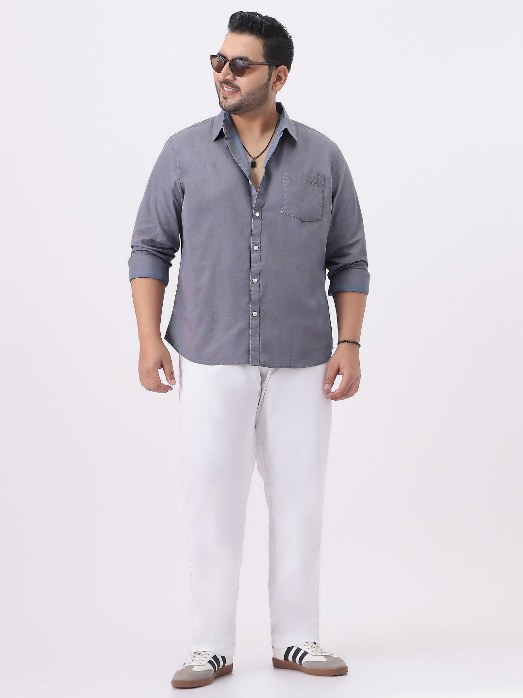 Plus Men's Grey Cotton Full Sleeve Regular Fit Casual Solid Slub Shirt with Spread Collar