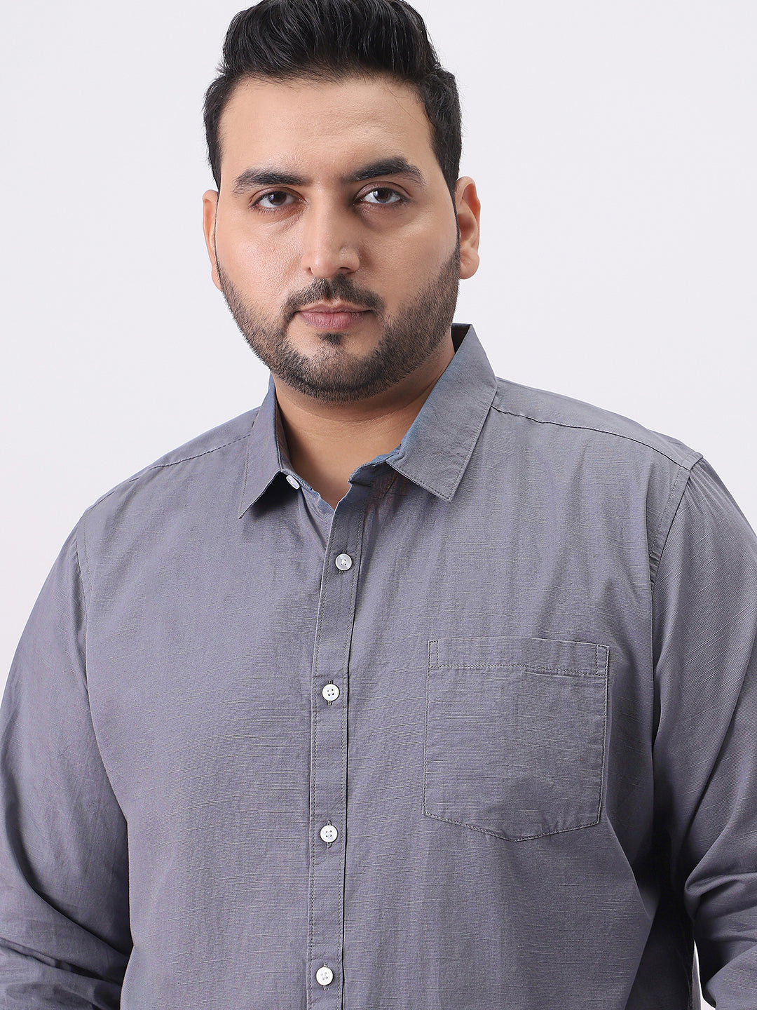 Plus Men's Grey Cotton Full Sleeve Regular Fit Casual Solid Slub Shirt with Spread Collar