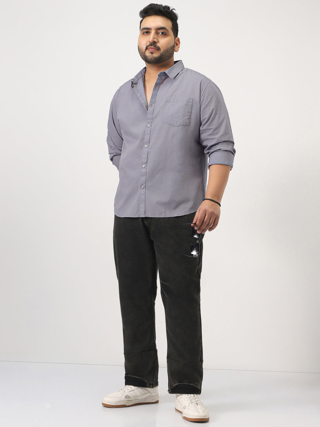 Plus Men's Lavender Cotton Full Sleeve Regular Fit Casual Solid Slub Shirt with Spread Collar