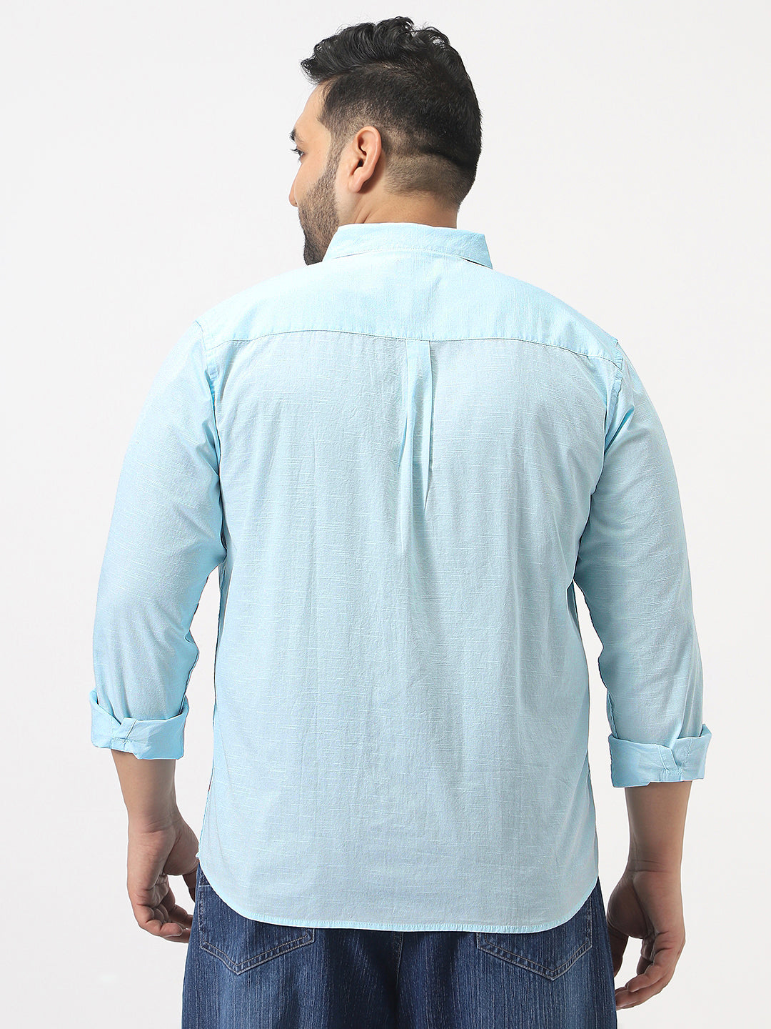 Plus Men's Light Blue Cotton Full Sleeve Regular Fit Casual Solid Slub Shirt with Spread Collar