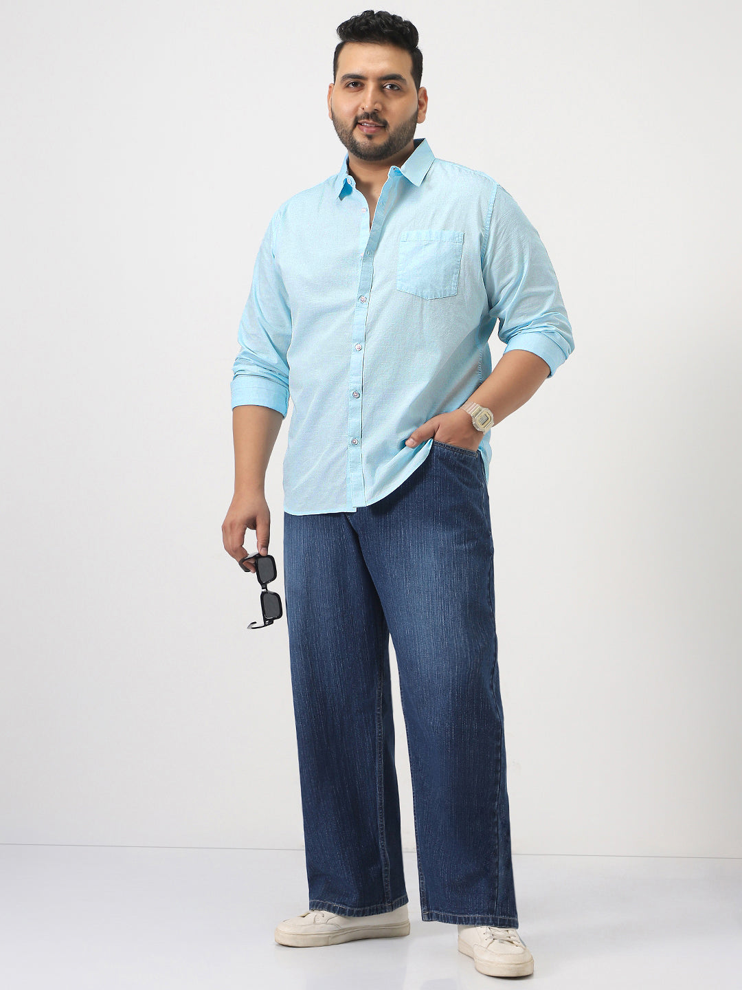 Plus Men's Light Blue Cotton Full Sleeve Regular Fit Casual Solid Slub Shirt with Spread Collar