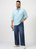 Plus Men's Light Blue Cotton Full Sleeve Regular Fit Casual Solid Slub Shirt with Spread Collar