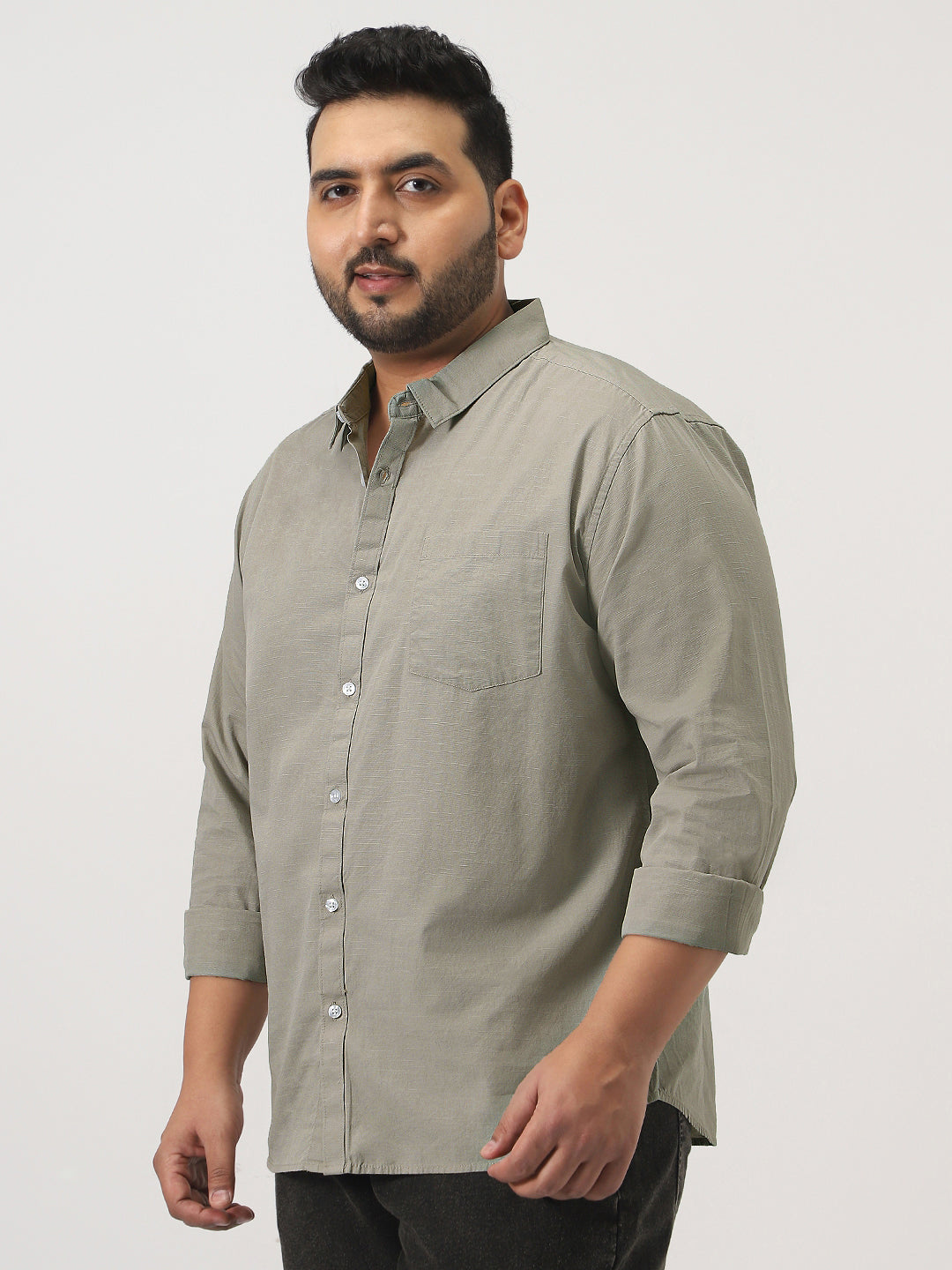 Plus Men's Light Olive Cotton Full Sleeve Regular Fit Casual Solid Slub Shirt with Spread Collar