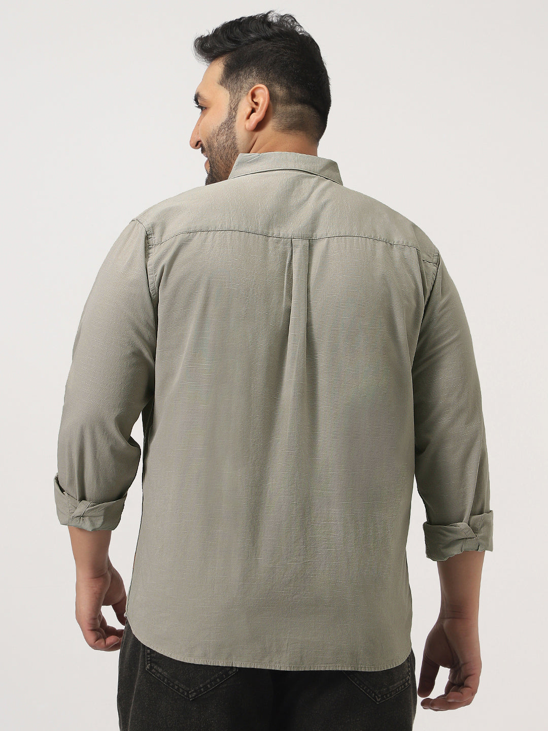 Plus Men's Light Olive Cotton Full Sleeve Regular Fit Casual Solid Slub Shirt with Spread Collar