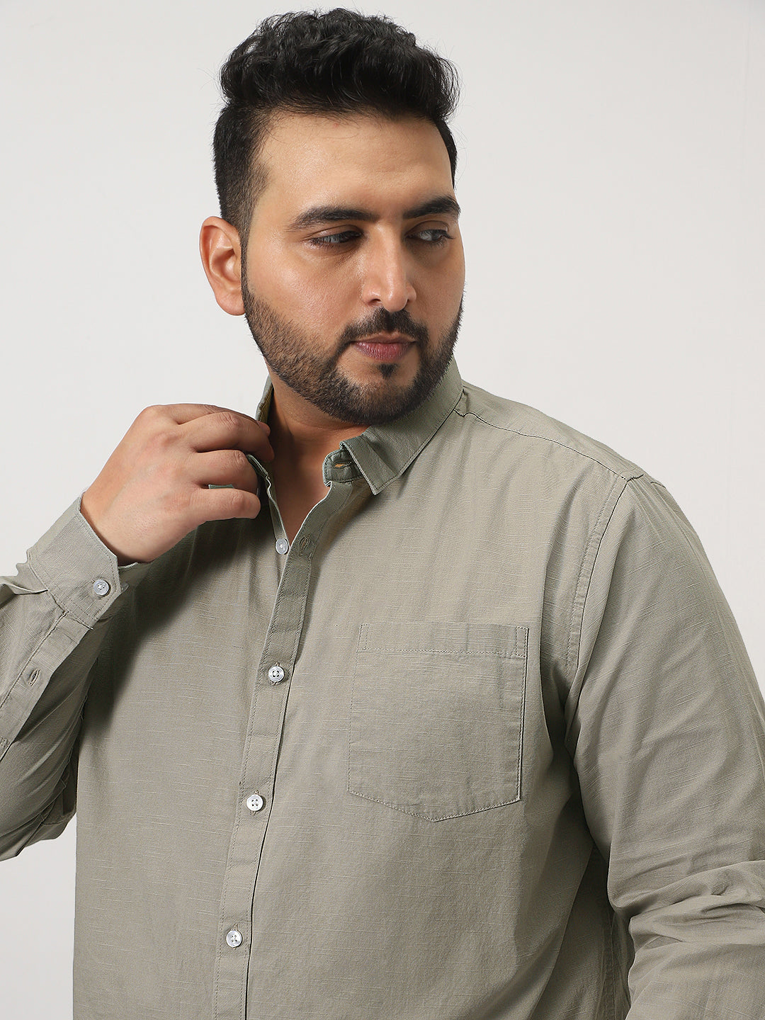 Plus Men's Light Olive Cotton Full Sleeve Regular Fit Casual Solid Slub Shirt with Spread Collar