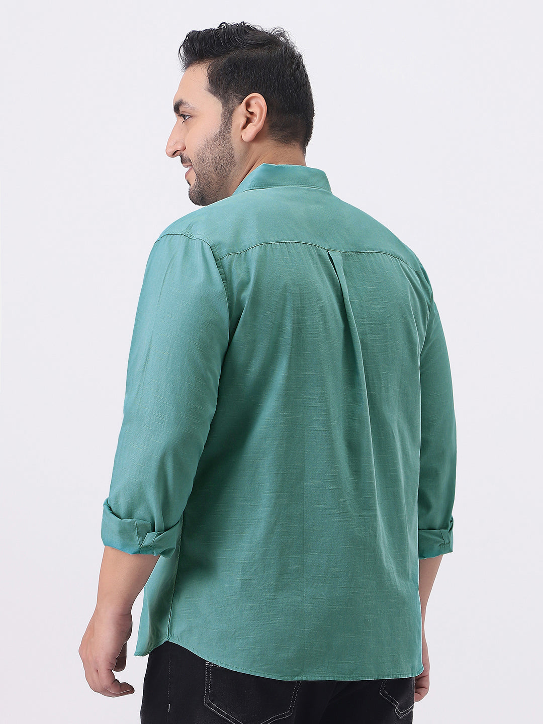 Plus Men's Light Teal Cotton Full Sleeve Regular Fit Casual Solid Slub Shirt with Spread Collar