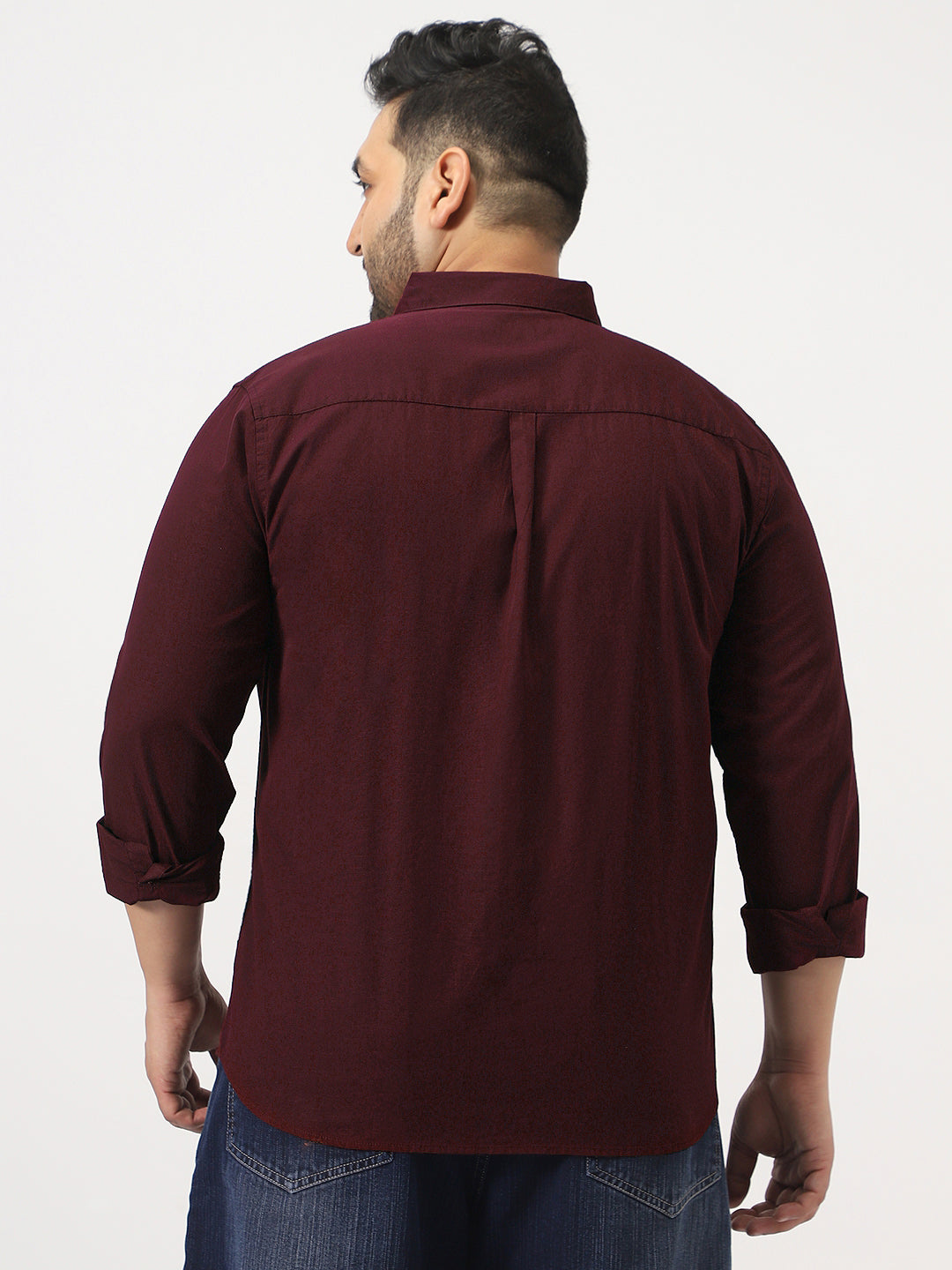 Plus Men's Maroon Cotton Full Sleeve Regular Fit Casual Solid Slub Shirt with Spread Collar