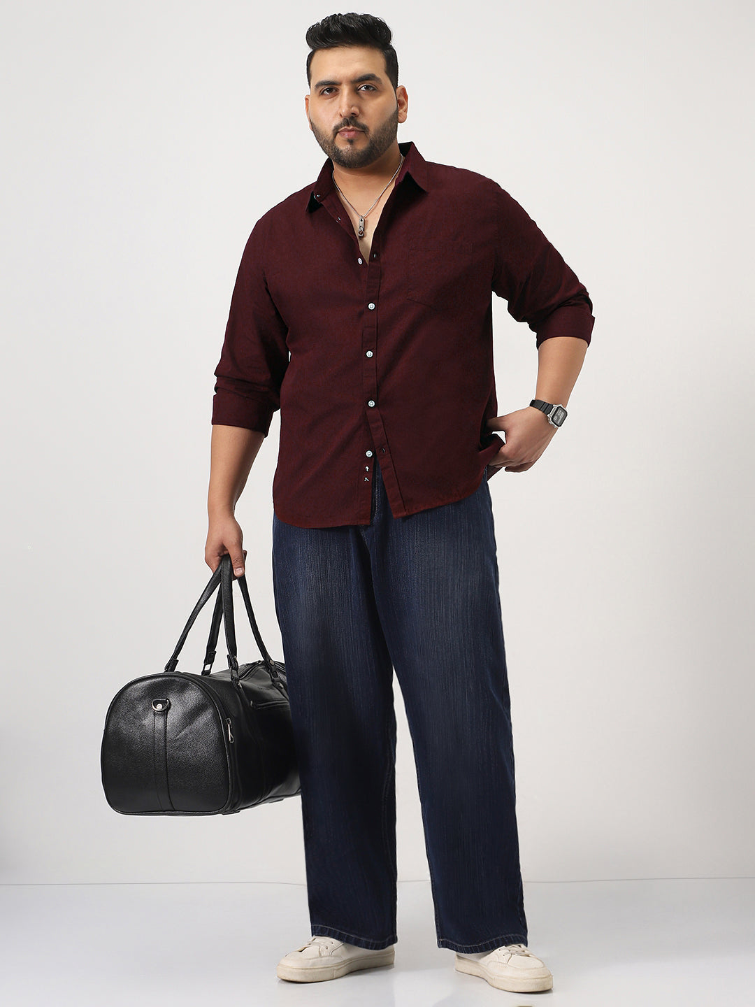 Plus Men's Maroon Cotton Full Sleeve Regular Fit Casual Solid Slub Shirt with Spread Collar
