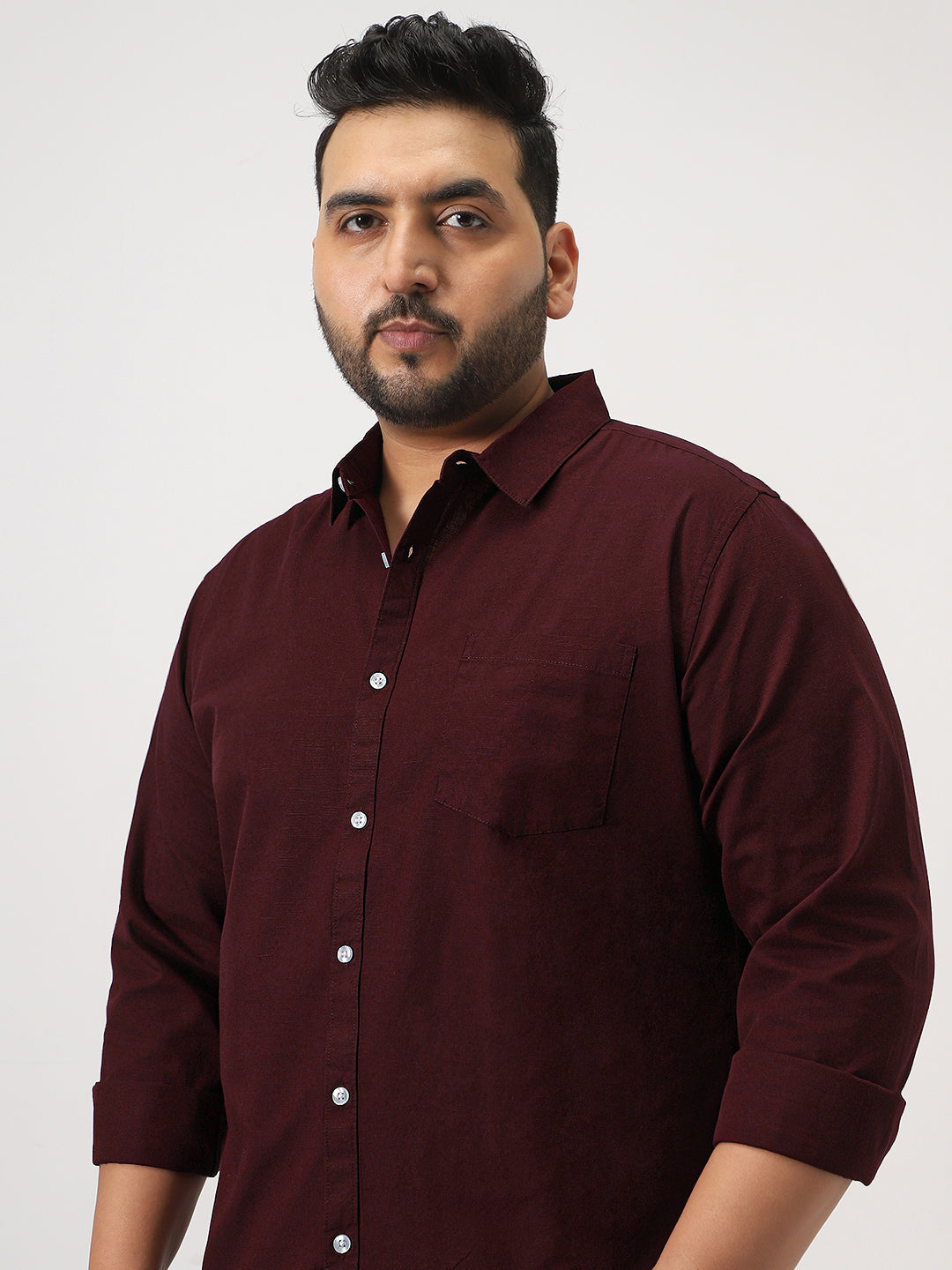 Plus Men's Maroon Cotton Full Sleeve Regular Fit Casual Solid Slub Shirt with Spread Collar
