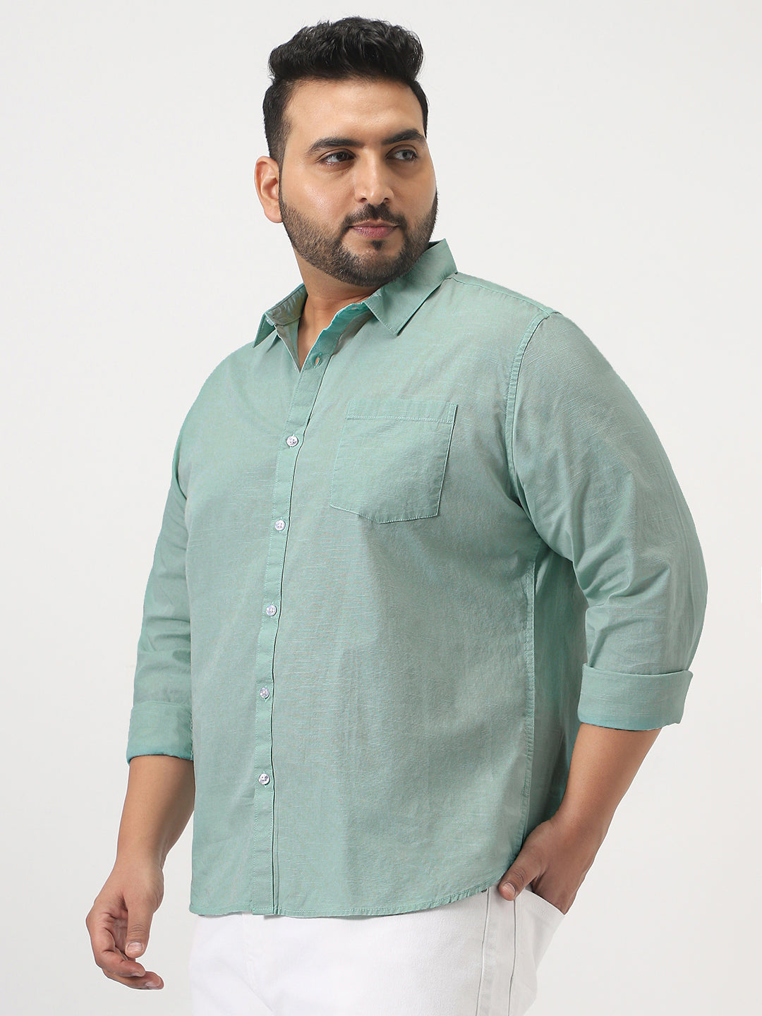 Plus Men's Mint Cotton Full Sleeve Regular Fit Casual Solid Slub Shirt with Spread Collar