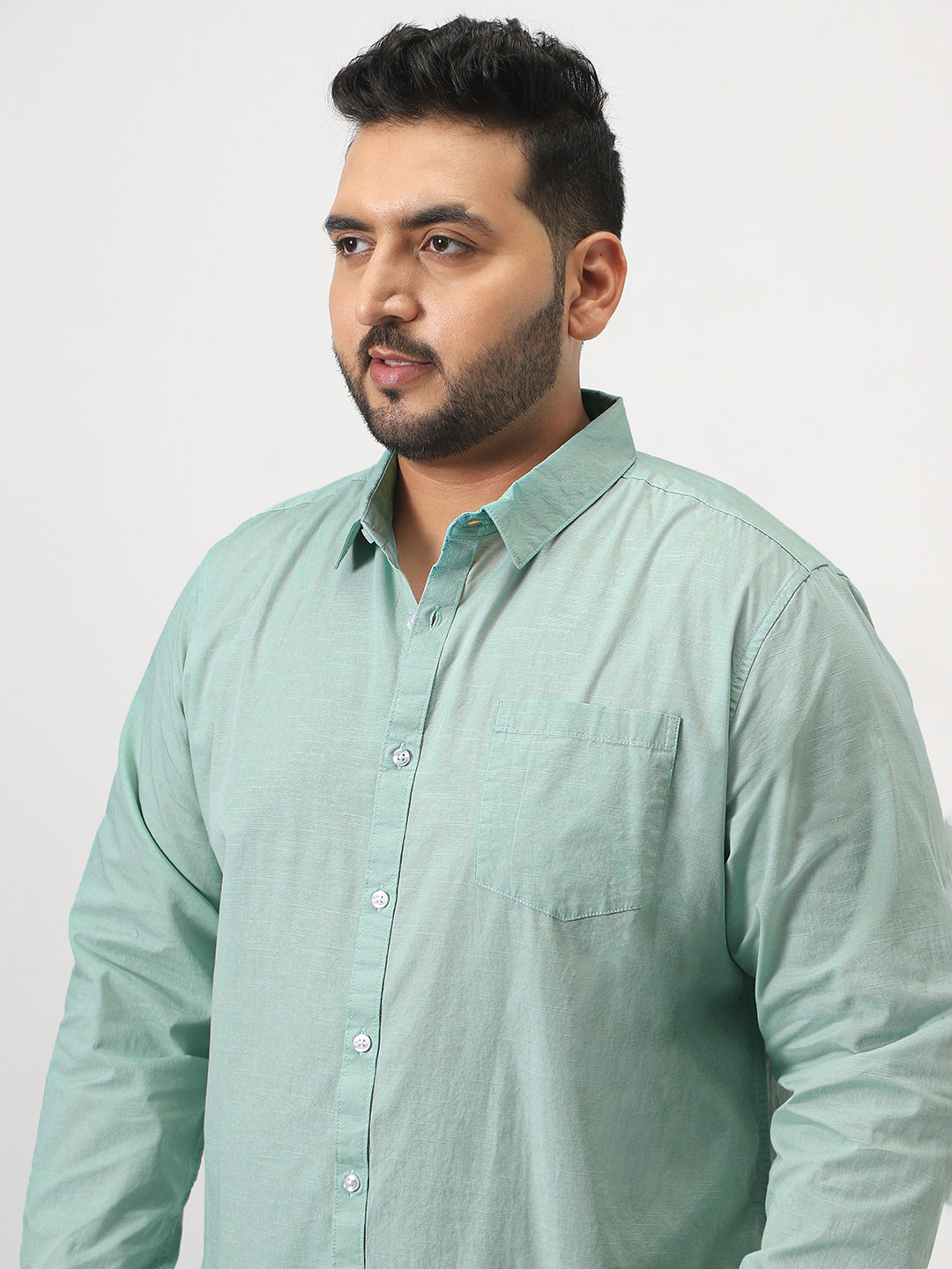 Plus Men's Mint Cotton Full Sleeve Regular Fit Casual Solid Slub Shirt with Spread Collar