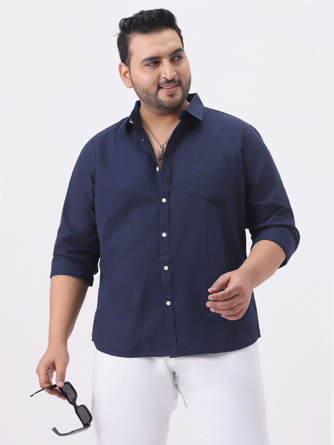 Plus Men's Navy Cotton Full Sleeve Regular Fit Casual Solid Slub Shirt with Spread Collar
