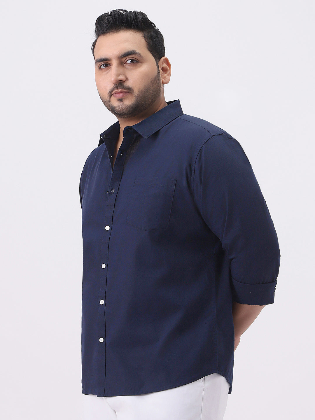 Plus Men's Navy Cotton Full Sleeve Regular Fit Casual Solid Slub Shirt with Spread Collar
