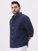Plus Men's Navy Cotton Full Sleeve Regular Fit Casual Solid Slub Shirt with Spread Collar