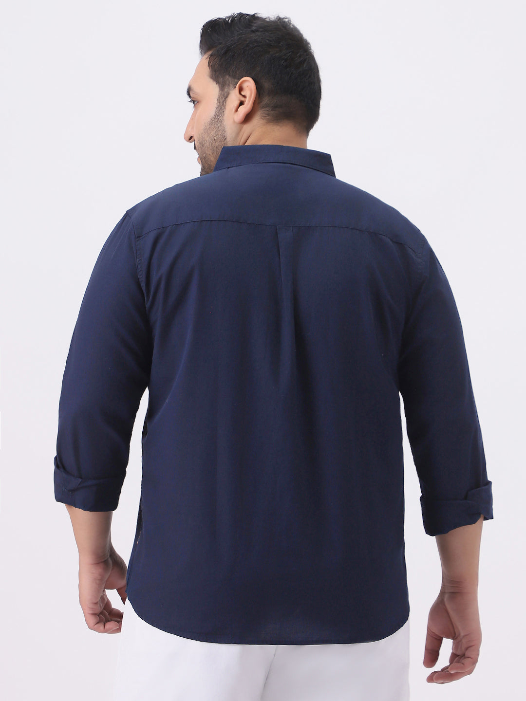Plus Men's Navy Cotton Full Sleeve Regular Fit Casual Solid Slub Shirt with Spread Collar