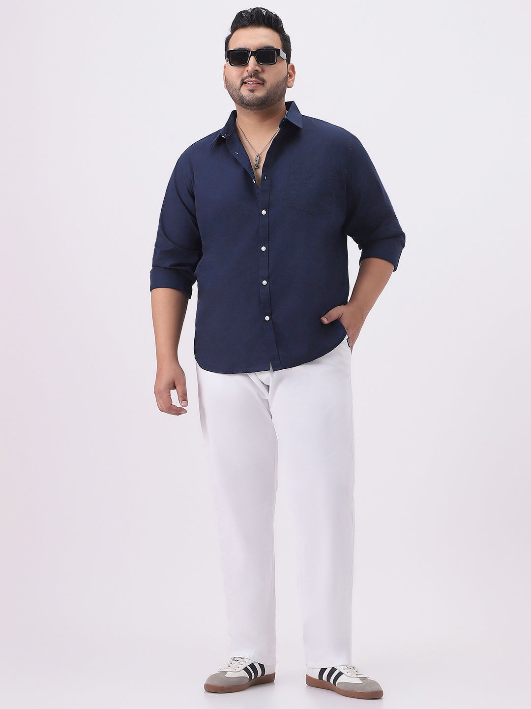 Plus Men's Navy Cotton Full Sleeve Regular Fit Casual Solid Slub Shirt with Spread Collar