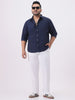 Plus Men's Navy Cotton Full Sleeve Regular Fit Casual Solid Slub Shirt with Spread Collar