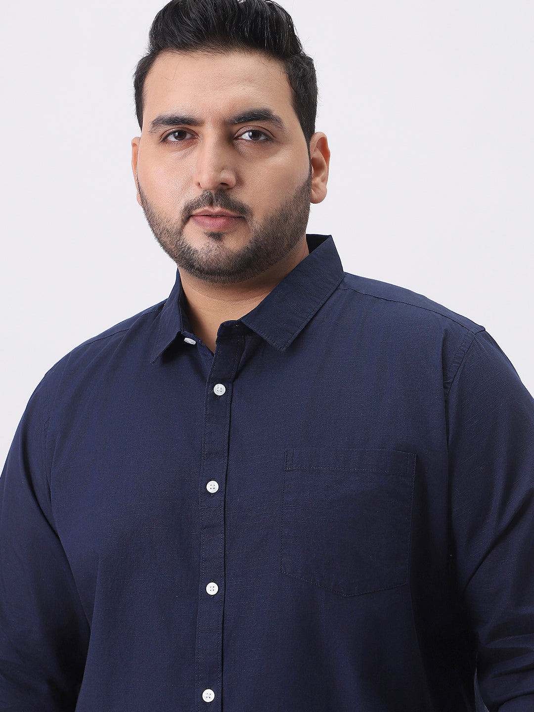 Plus Men's Navy Cotton Full Sleeve Regular Fit Casual Solid Slub Shirt with Spread Collar