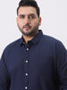 Plus Men's Navy Cotton Full Sleeve Regular Fit Casual Solid Slub Shirt with Spread Collar