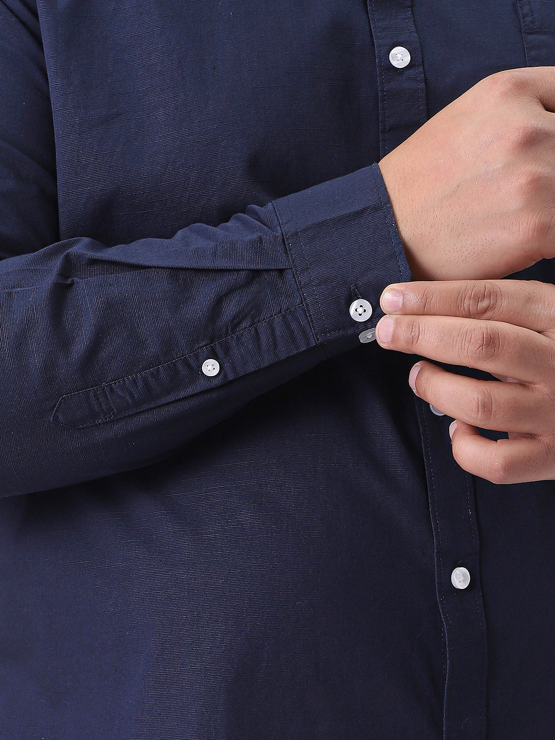 Plus Men's Navy Cotton Full Sleeve Regular Fit Casual Solid Slub Shirt with Spread Collar