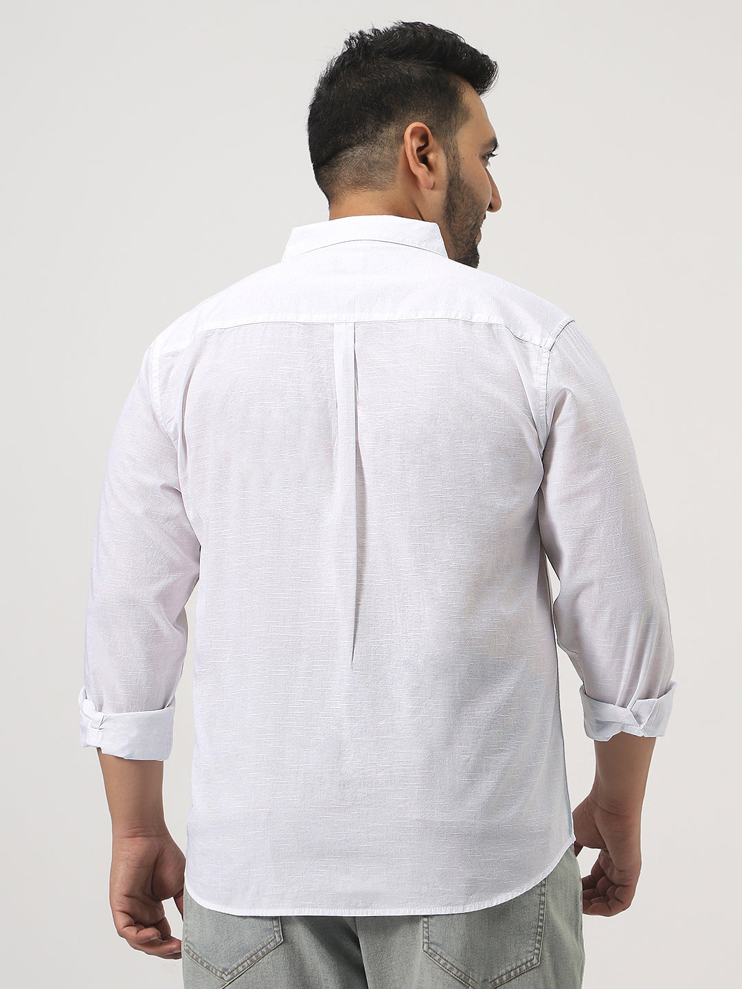 Plus Men's White Cotton Full Sleeve Regular Fit Casual Solid Slub Shirt with Spread Collar