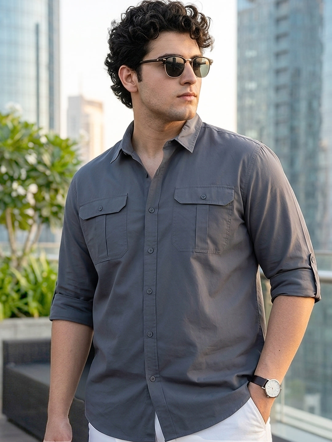 Men's Dark Grey Cotton Full Sleeve Regular Fit Casual Solid Shirt