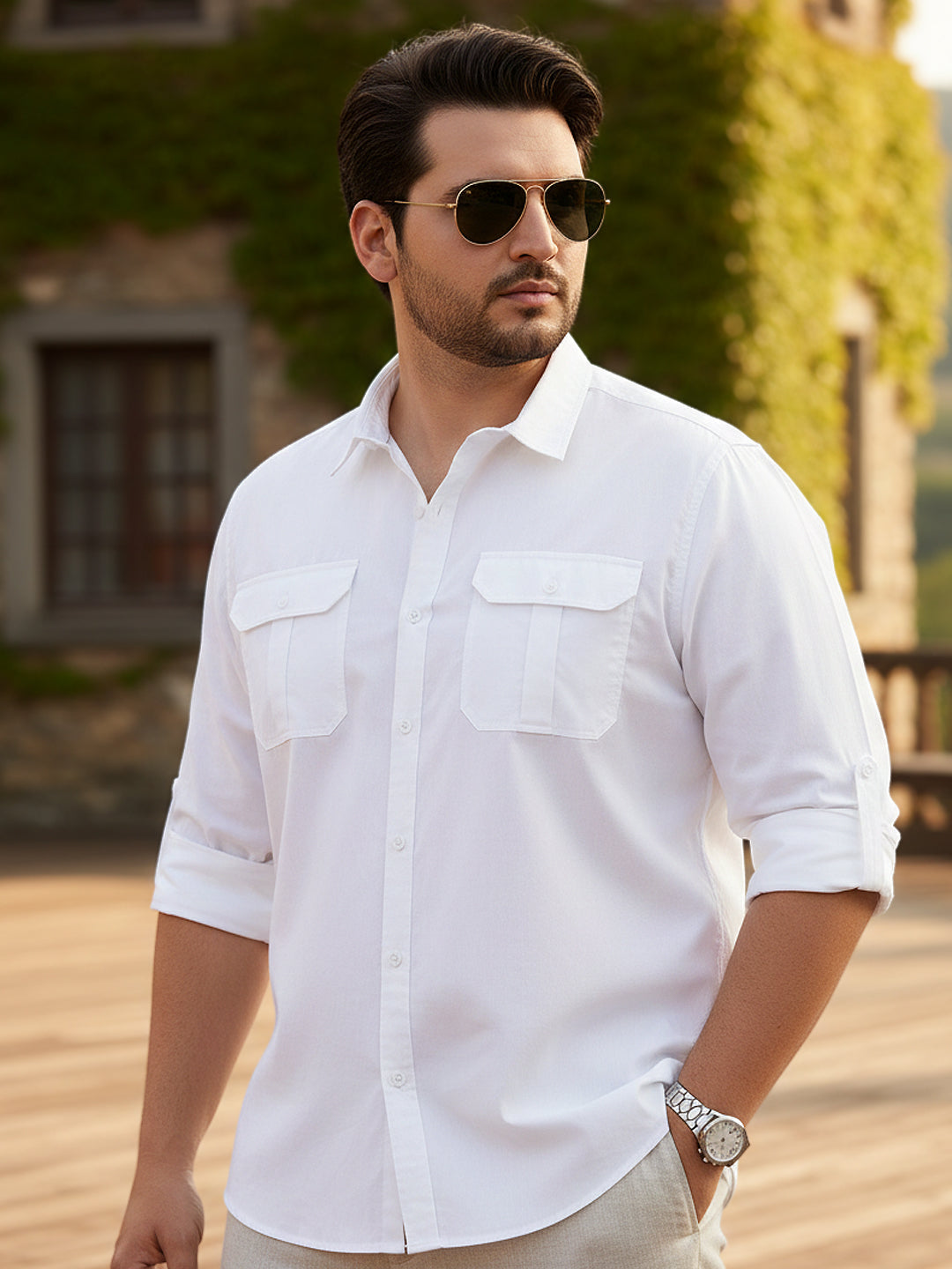 Men's White Cotton Full Sleeve Regular Fit Casual Solid Shirt