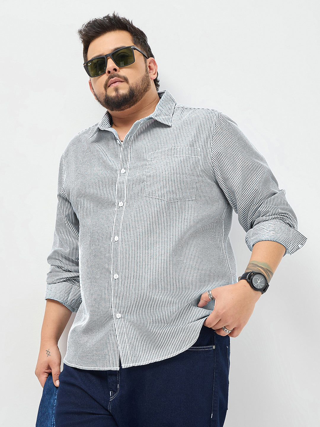 Plus Men's Dark Blue Cotton Full Sleeve Regular Fit Casual Striped Shirt