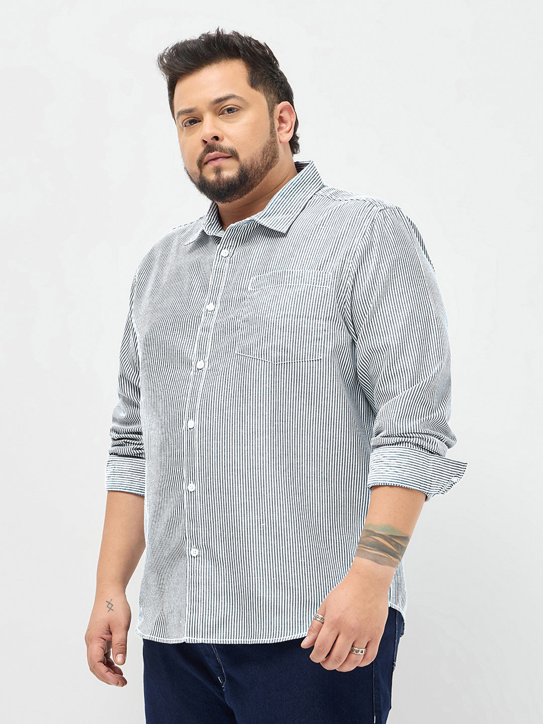 Plus Men's Dark Blue Cotton Full Sleeve Regular Fit Casual Striped Shirt