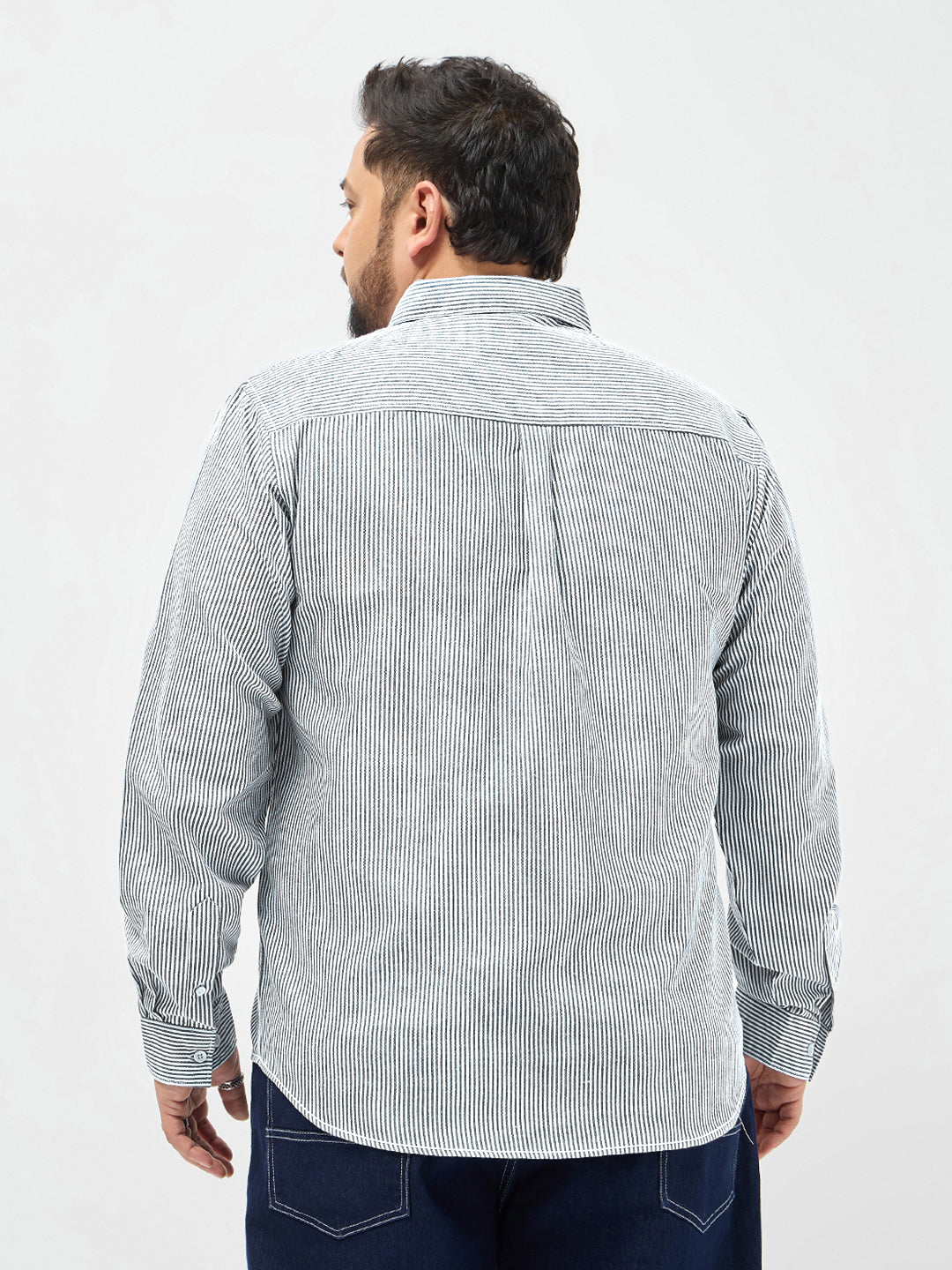 Plus Men's Dark Blue Cotton Full Sleeve Regular Fit Casual Striped Shirt