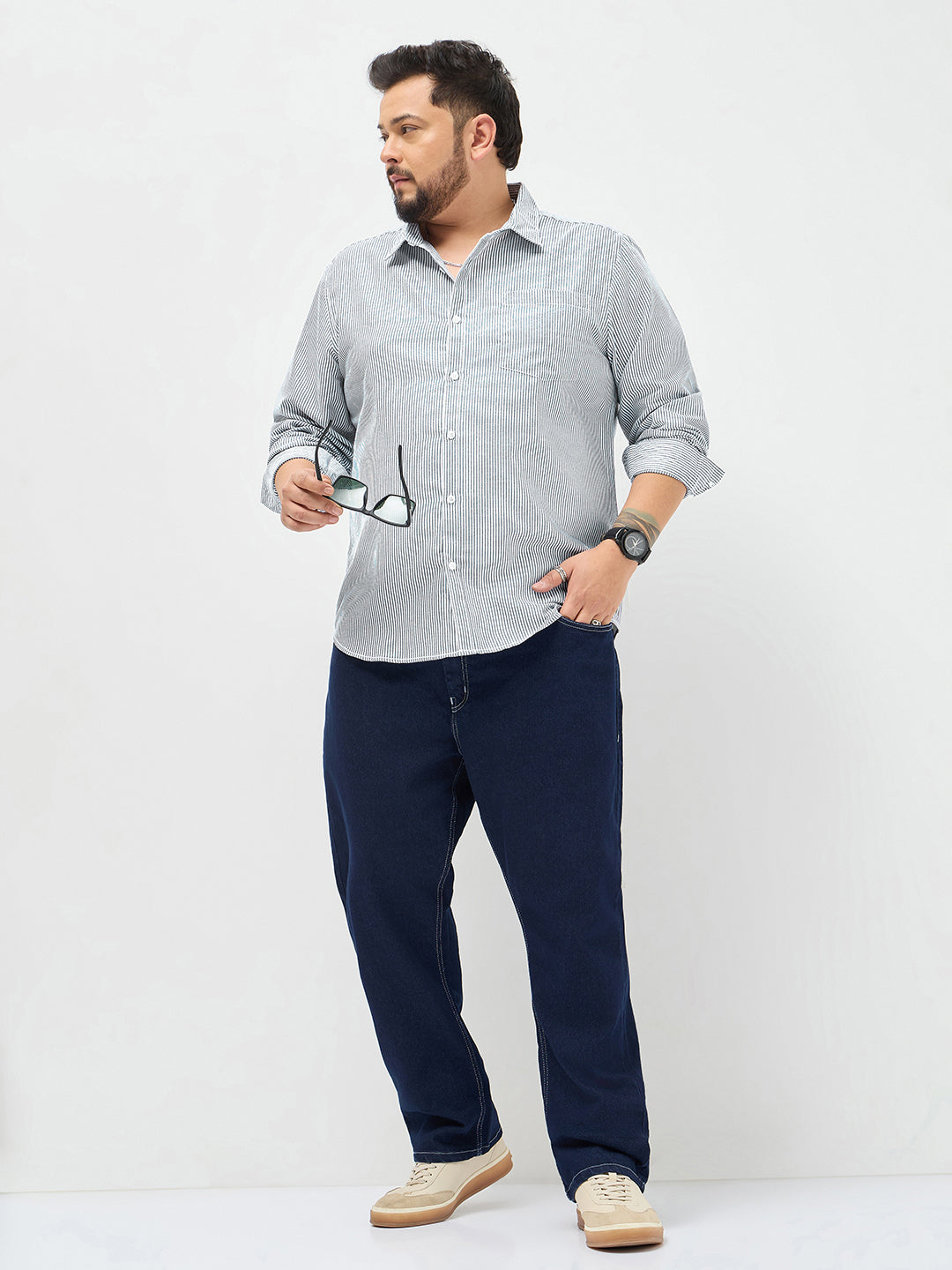 Plus Men's Dark Blue Cotton Full Sleeve Regular Fit Casual Striped Shirt