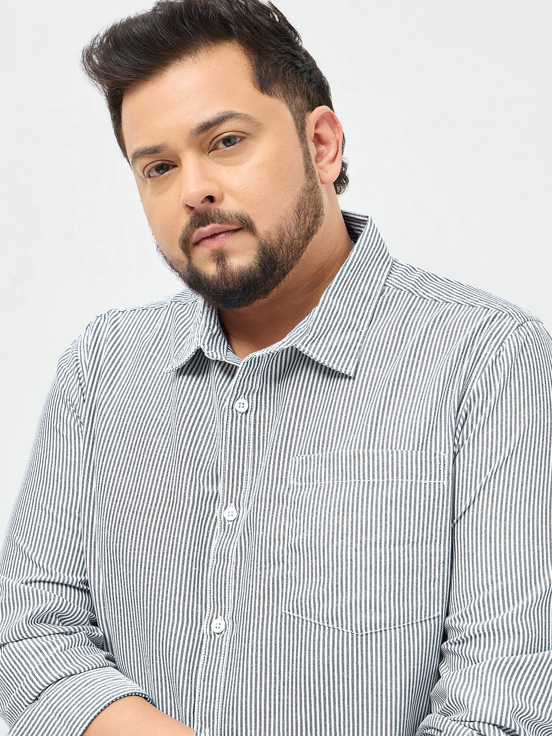 Plus Men's Dark Blue Cotton Full Sleeve Regular Fit Casual Striped Shirt