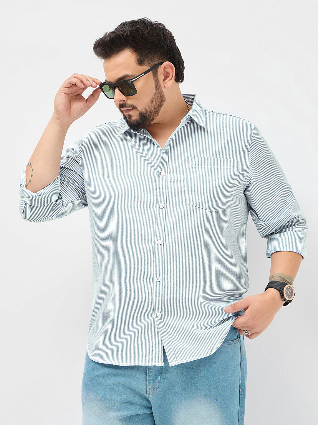 Plus Men's Light Blue Cotton Full Sleeve Regular Fit Casual Striped Shirt