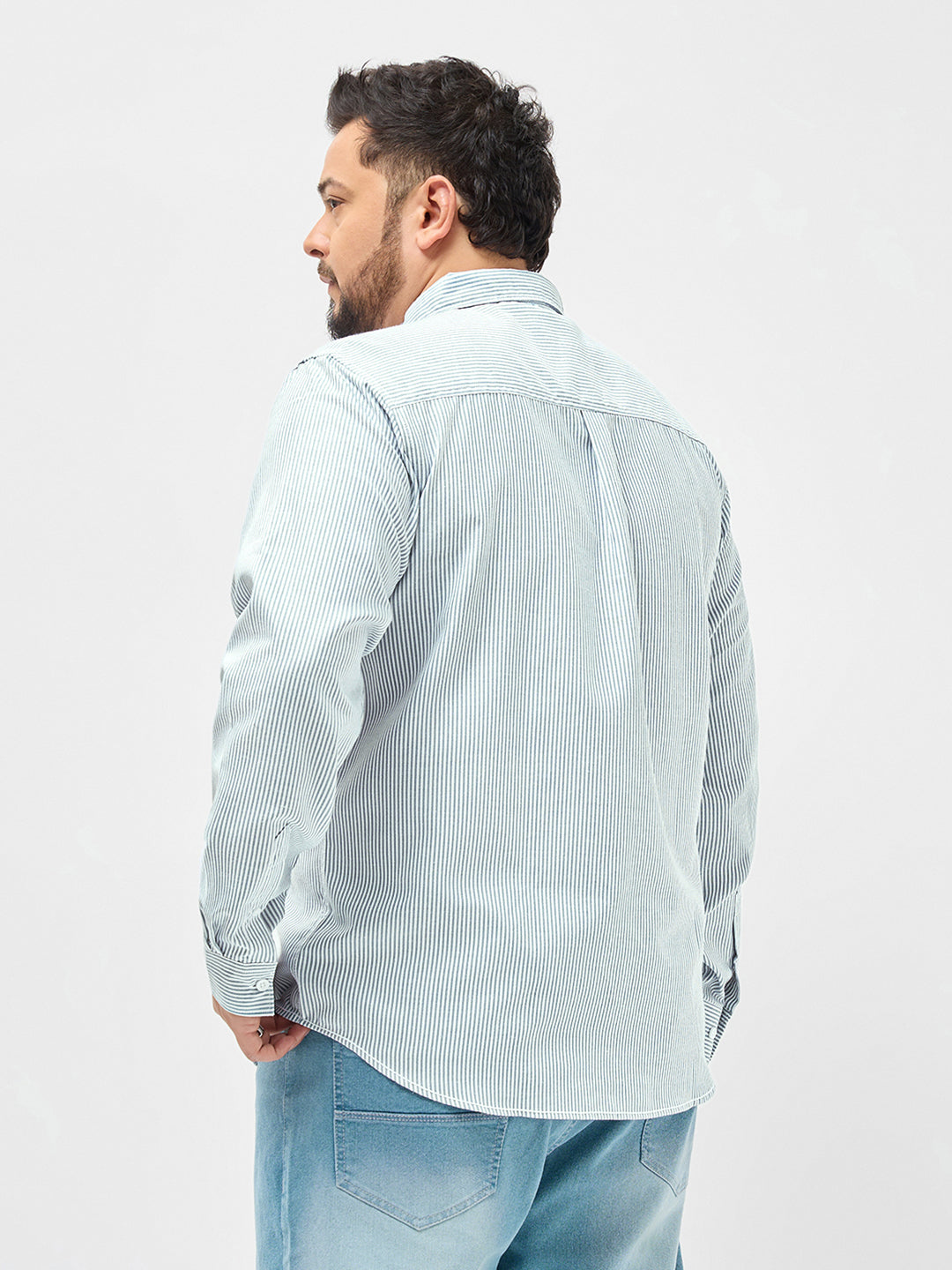 Plus Men's Light Blue Cotton Full Sleeve Regular Fit Casual Striped Shirt