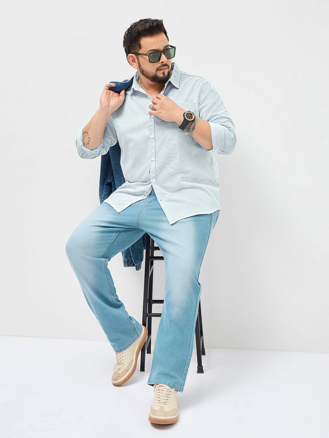 Plus Men's Light Blue Cotton Full Sleeve Regular Fit Casual Striped Shirt