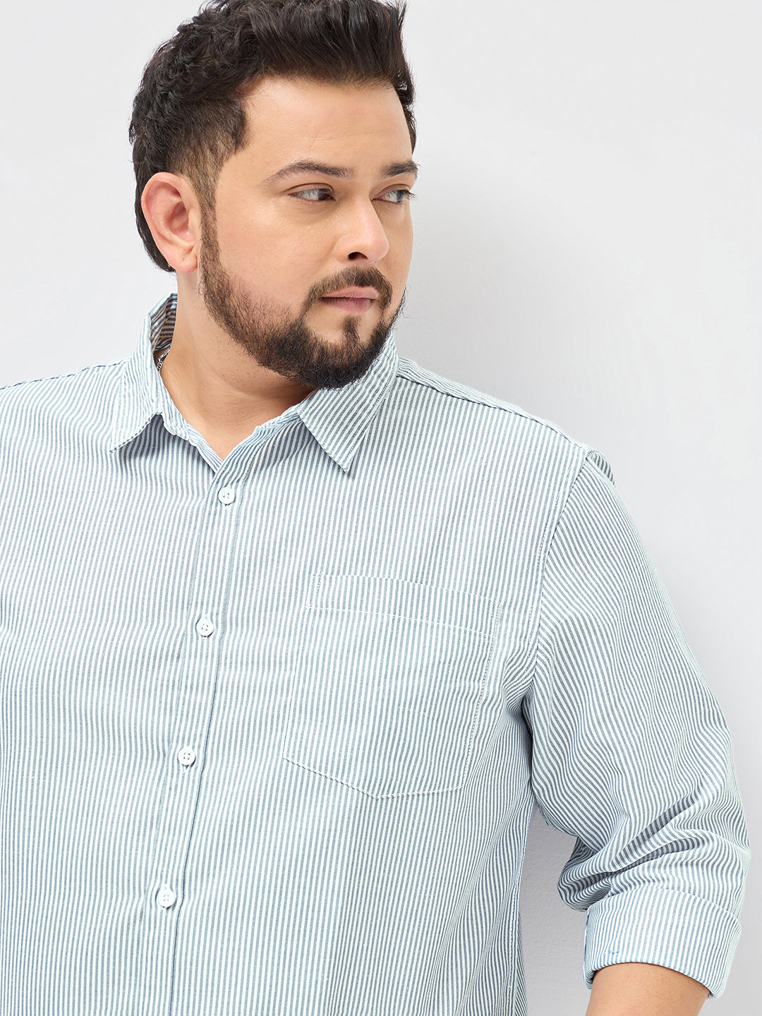 Plus Men's Light Blue Cotton Full Sleeve Regular Fit Casual Striped Shirt