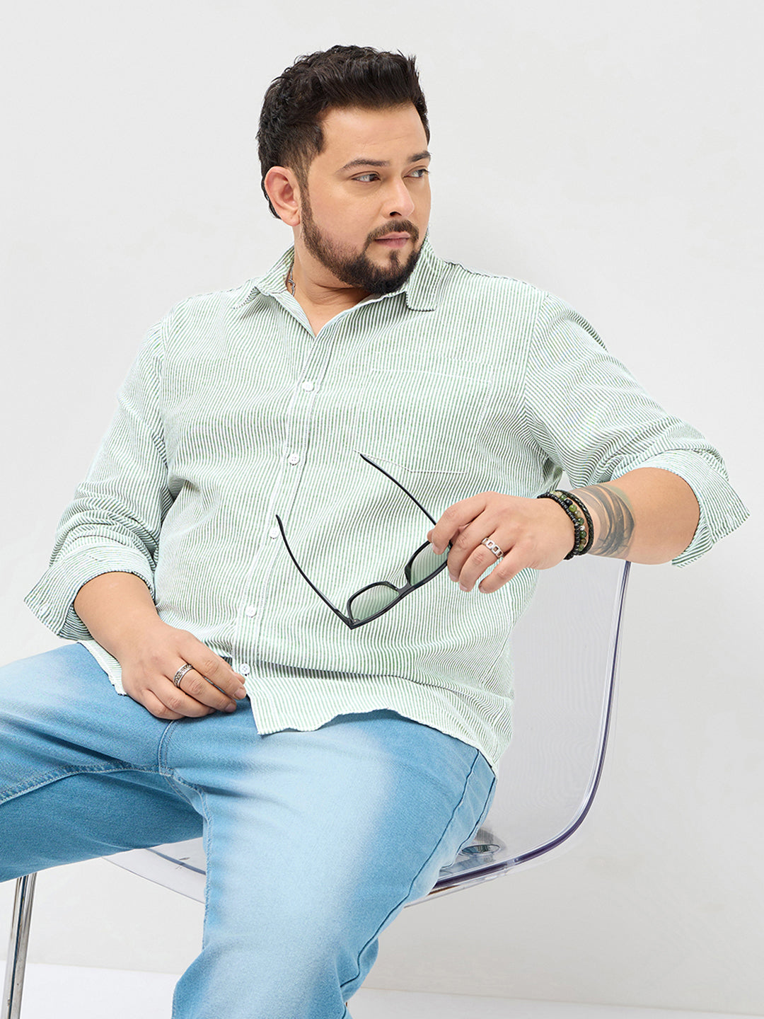 Plus Men's Light Green Cotton Full Sleeve Regular Fit Casual Striped Shirt