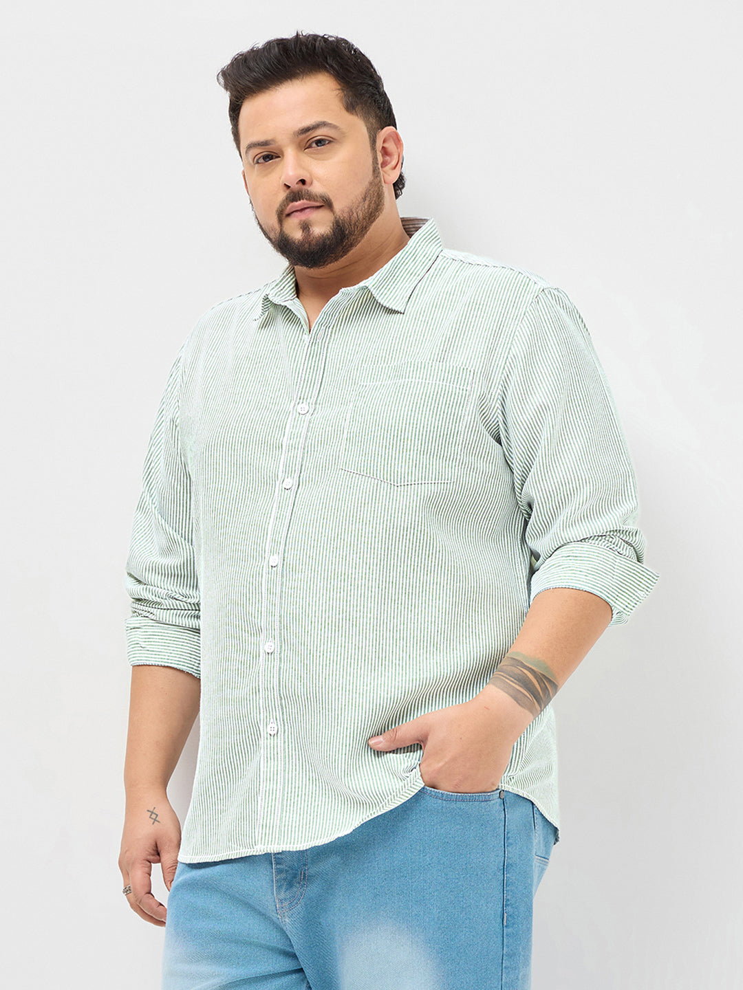 Plus Men's Light Green Cotton Full Sleeve Regular Fit Casual Striped Shirt