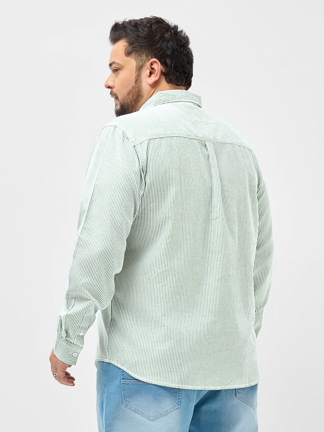 Plus Men's Light Green Cotton Full Sleeve Regular Fit Casual Striped Shirt