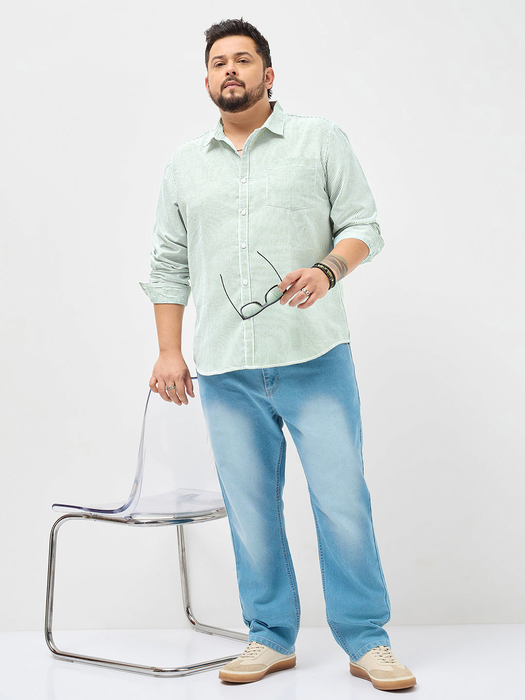 Plus Men's Light Green Cotton Full Sleeve Regular Fit Casual Striped Shirt