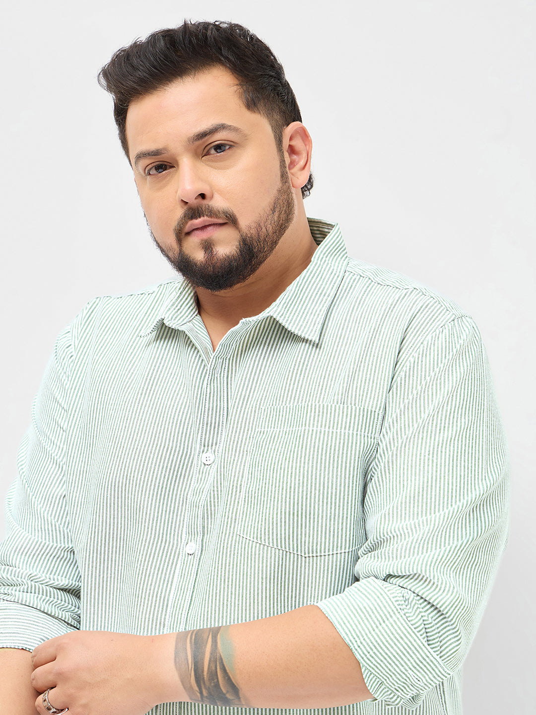Plus Men's Light Green Cotton Full Sleeve Regular Fit Casual Striped Shirt