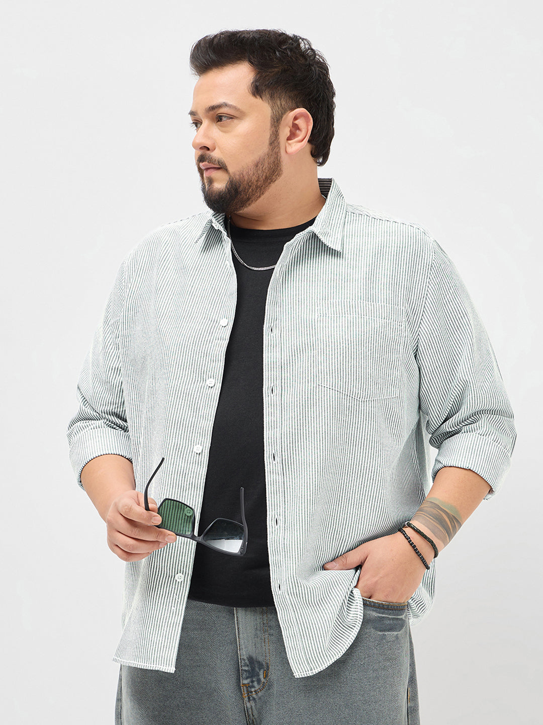 Plus Men's Light Grey Cotton Full Sleeve Regular Fit Casual Striped Shirt