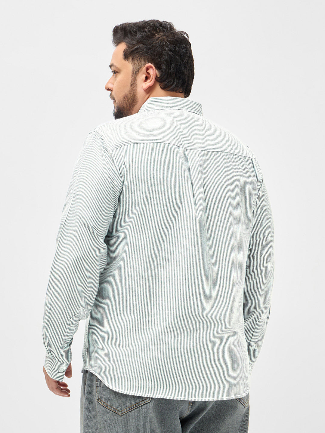 Plus Men's Light Grey Cotton Full Sleeve Regular Fit Casual Striped Shirt