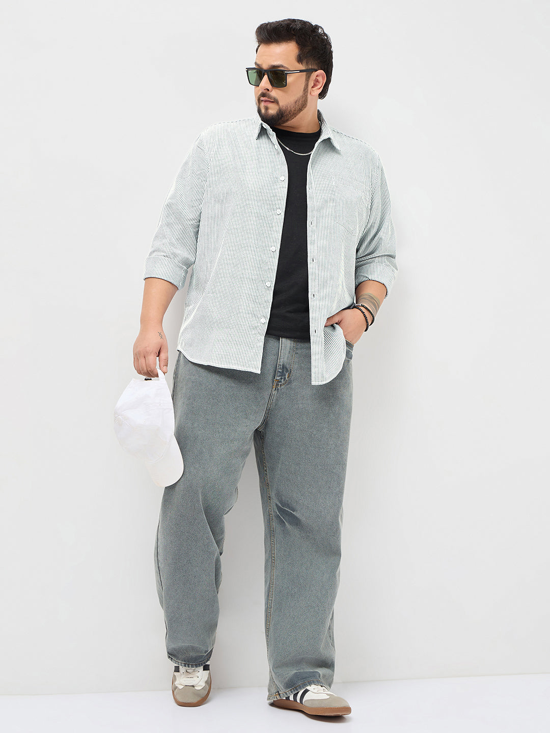 Plus Men's Light Grey Cotton Full Sleeve Regular Fit Casual Striped Shirt