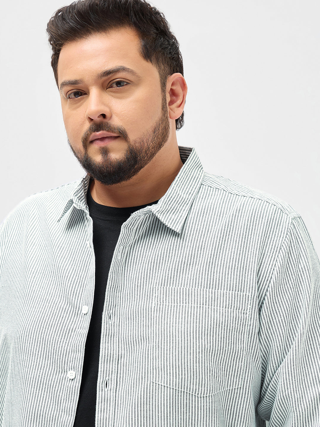 Plus Men's Light Grey Cotton Full Sleeve Regular Fit Casual Striped Shirt