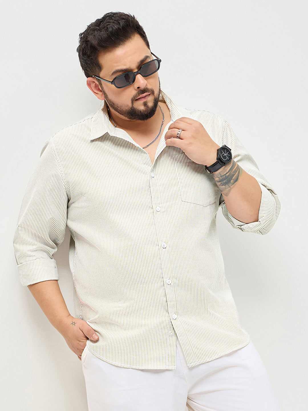 Plus Men's Light Olive Cotton Full Sleeve Regular Fit Casual Striped Shirt