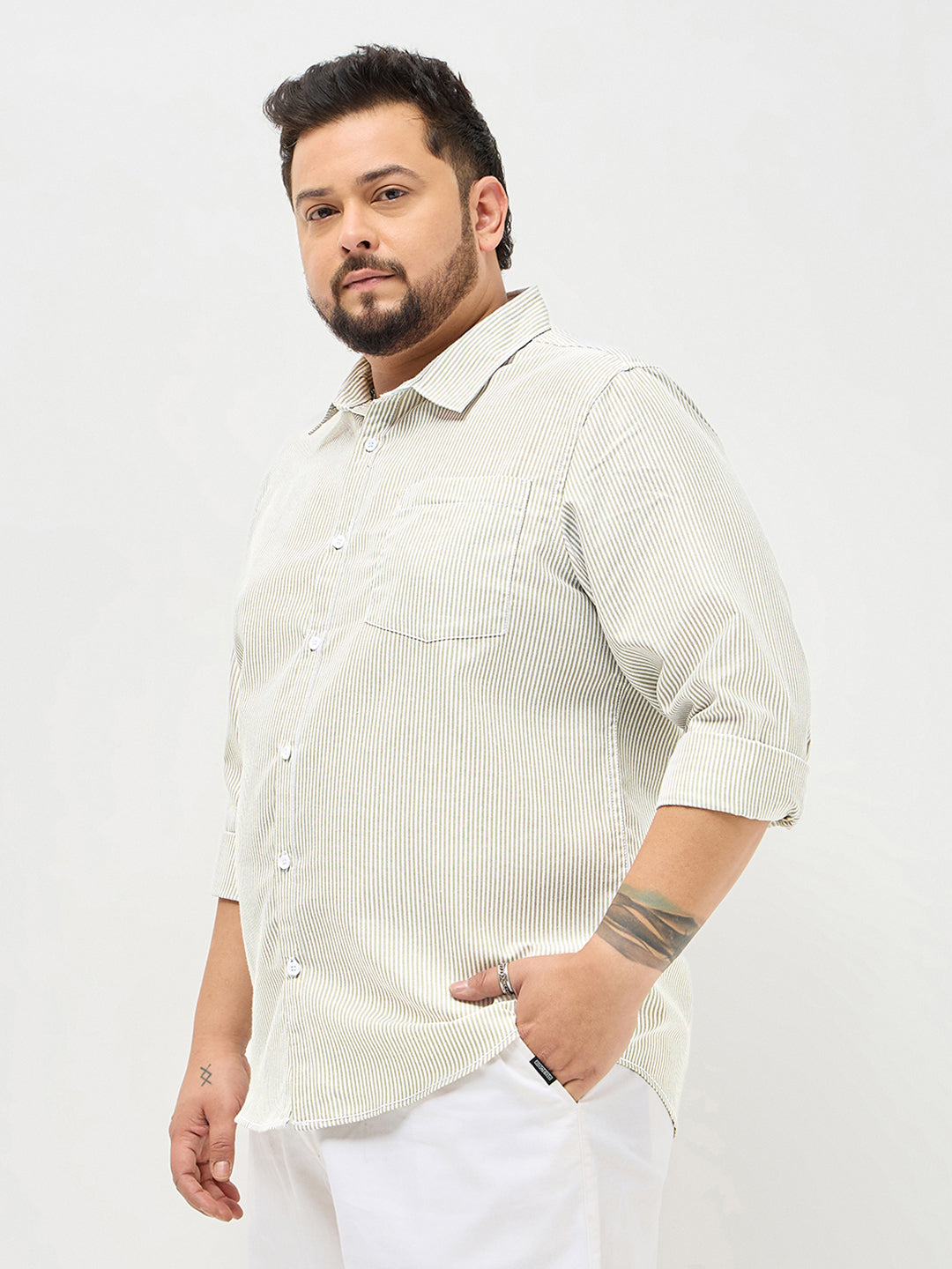 Plus Men's Light Olive Cotton Full Sleeve Regular Fit Casual Striped Shirt