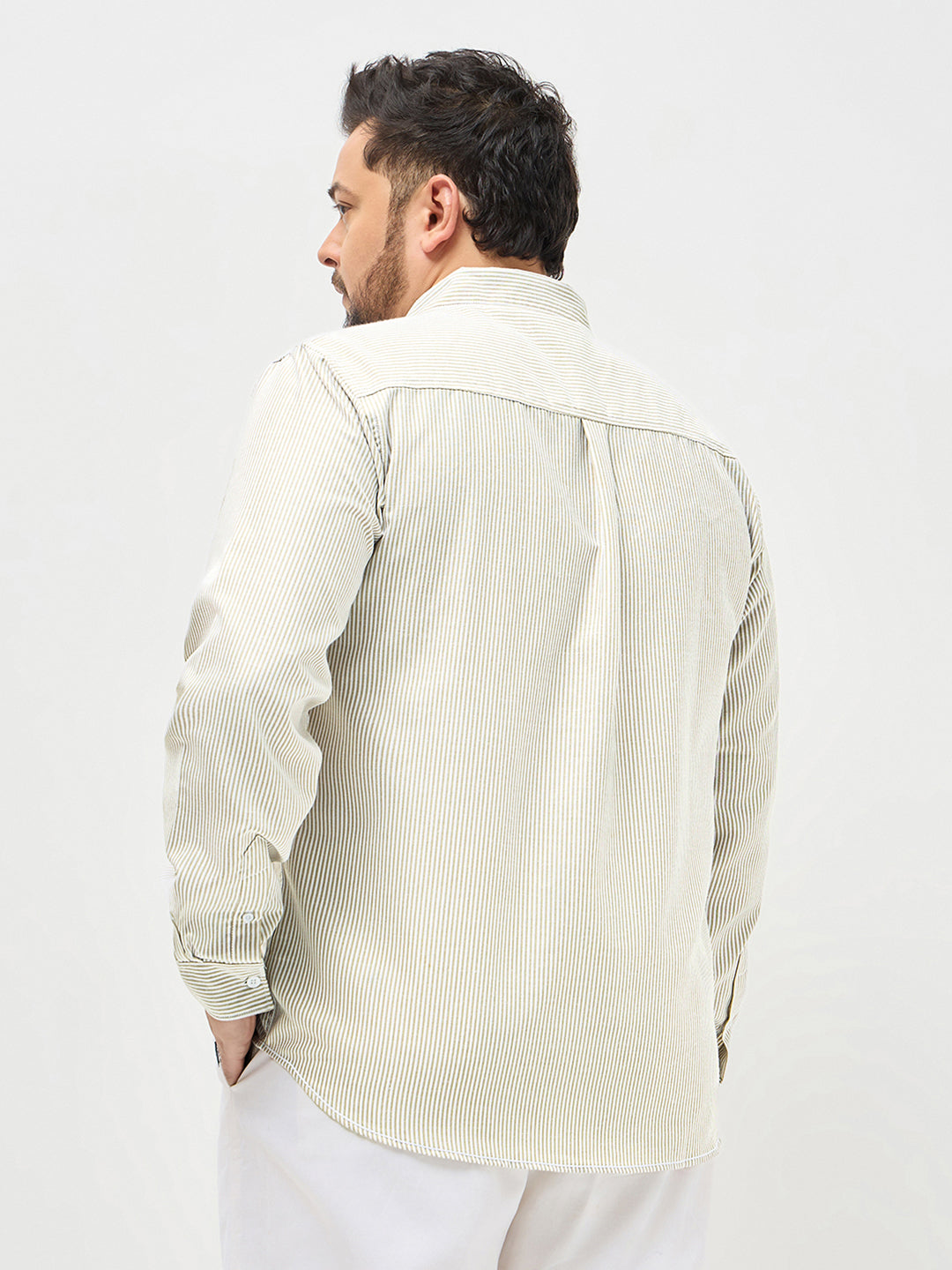 Plus Men's Light Olive Cotton Full Sleeve Regular Fit Casual Striped Shirt